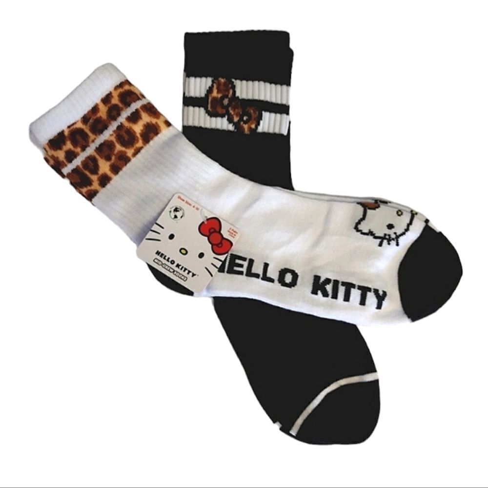 Hello Kitty Black White Cheetah Print 2 Pairs Mid Crew Socks NWT